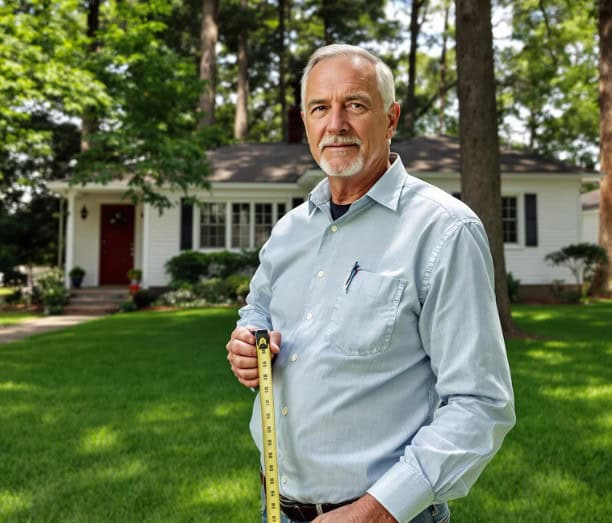 man on his front lawn with a measuring tape