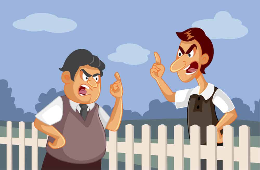 Cartoon of two neighbors fighting over a fence