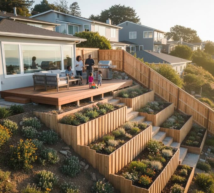 Bay Area Hills Sloped Backyard with fences