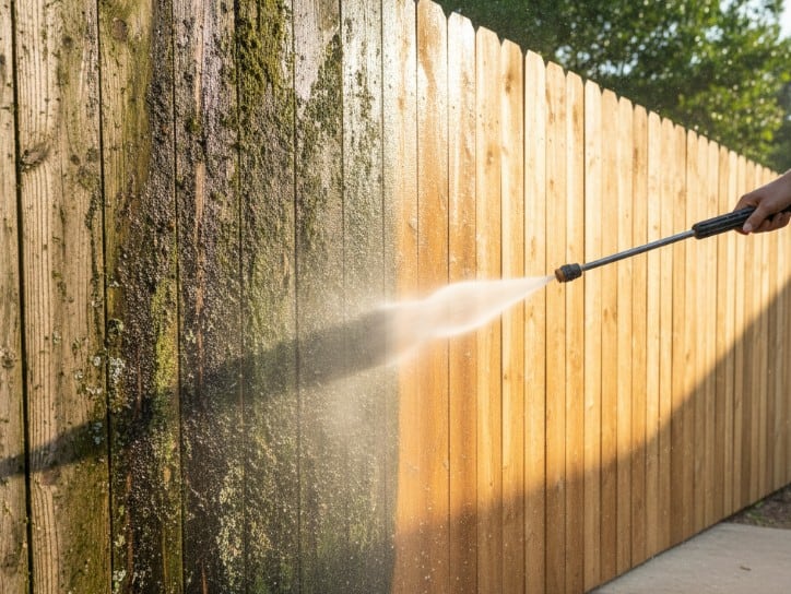 cleaning algae off fence with pressure hose