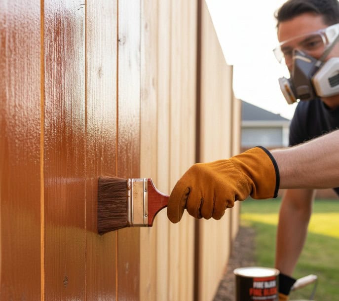 man staining fence with fire resistant solution