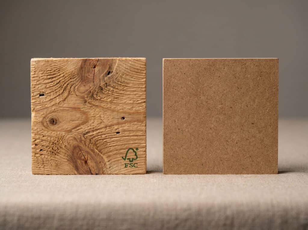 Close-up of wood grain showing FSC-certified lumber, or side-by-side comparison of composite vs. natural wood samples.