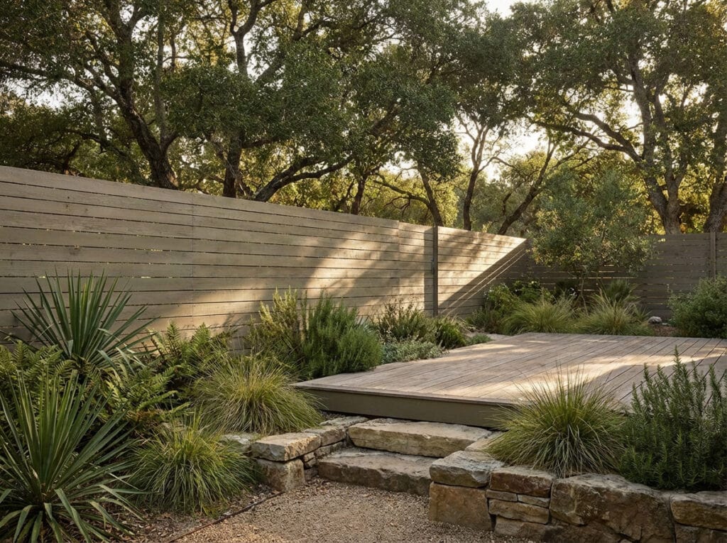 Horizontal fence and deck in muted earth tones that blends into landscaping. The "extension of landscape" concept.
