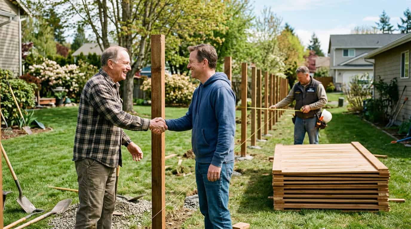 Two neighbors shaking hands across a partially built wood fence while a contractor measures in the background